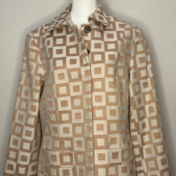 Kenar Geometric Print Coat Tan Beige Square Pattern Career Casual Women Size 8 - Picture 2 of 9